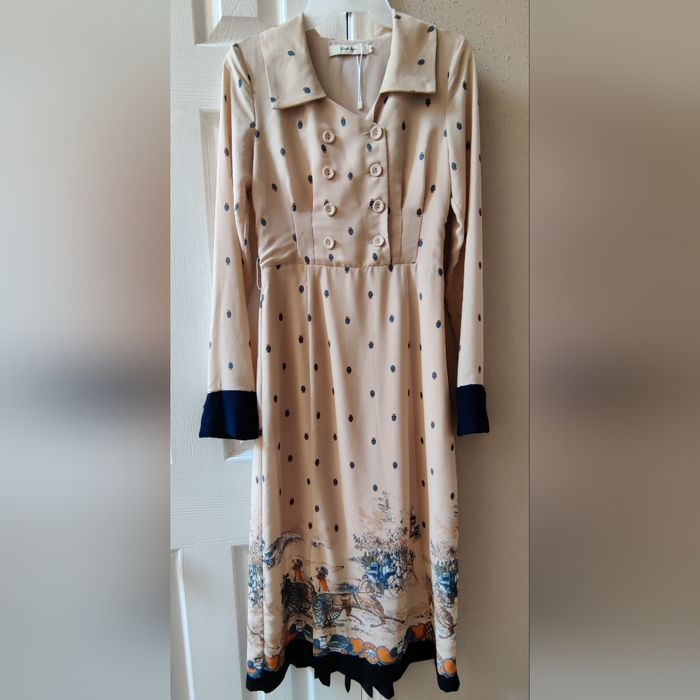 Simple Retro Elizabeth Retro Printed Dress Deep Apricot NWOT XS - Picture 5 of 16